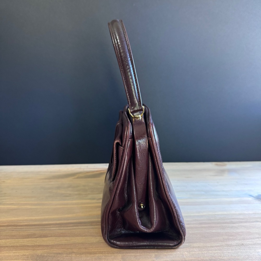 Vintage Italian Leather Frame Bag - Structured Burgundy Top Handle Satchel 70s - Picture 3 of 14